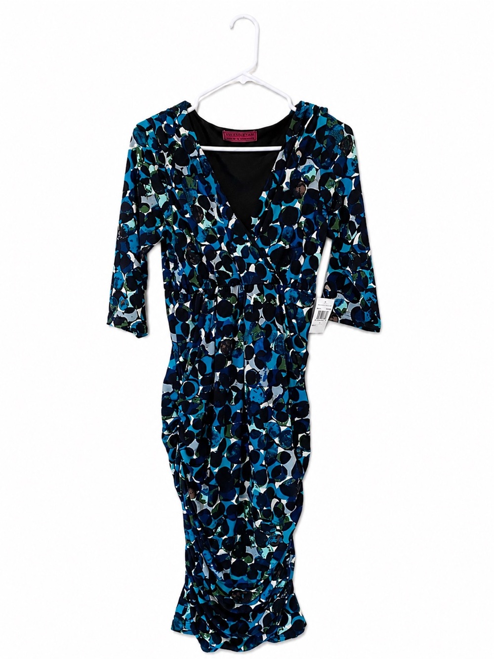 Melissa Masse Blue Teal Abstract Dot Print Ruched Jersey Dress Large